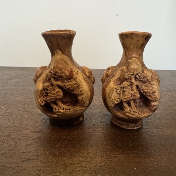 VTG Two Intricately Hand Carved Banko Ware Japanese Miniature Vase House Inside - Picture 1 of 16